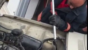 Araç motoruna giren yılanı itfaiye çıkardı